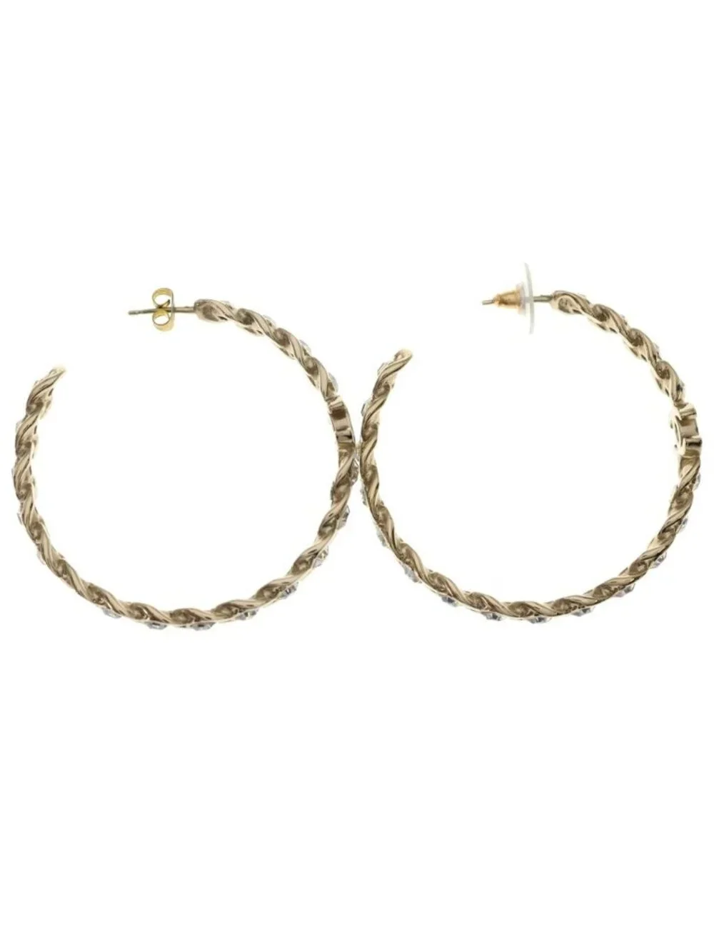 Chanel CC Logo Rhinestone Hoop Earrings Gold